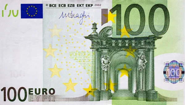 Parte Fragmentada 100 Notas Euro Close Com Pequenos Detalhes Verdes — Fotografia de Stock