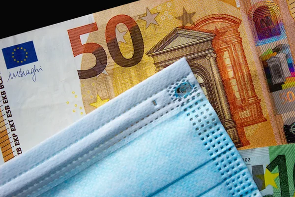 Euro Currency Close Medical Mask Symbol Coronavirus — Stock Photo, Image
