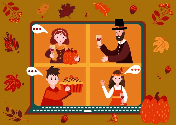 Thanksgiving online feestje. Virtual meet groep om festival te vieren. Mensen in Pilgrim en Indiaas kostuum hebben videoconferentie van thuis. Vrienden brengen tijd samen door op video. Nieuw normaal leven. — Stockvector