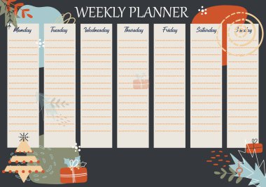 Geometrik Soyut Kış Haftalık Planlayıcısı. Bir haftalık Noel takvimi. Yılbaşı ağacı ile günlük program, eğitim için hediye kutusu, iş. Yazdırılabilir zaman çizelgesi