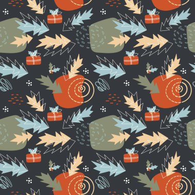 Soyut şekilli karanlık bir Noel deseni. Geometrik noel ağacı yapraklarıyla kusursuz bir kış. Minimalist tasarımda hediye kutulu modern tatil arkaplanı.