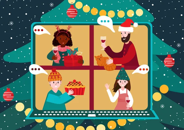 Sanal parti beyaz ve Afrikalı Amerikalı arkadaşlar. İnternet üzerinden Noel konferansı. Yeni yılı kutlamak için video çağrısı. Uzaktan kumandalı birliktelik. Bir grup kadın ve erkek içecekler, hediyeler, turtalar.