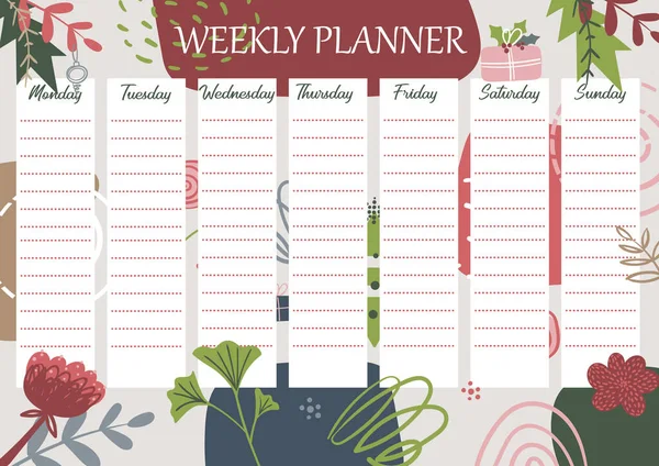 Weekly Planner на абстрактном фоне. Печатный шаблон расписания с геометрическими и цветочными элементами. Ежедневное расписание для образования или бизнеса. — стоковый вектор