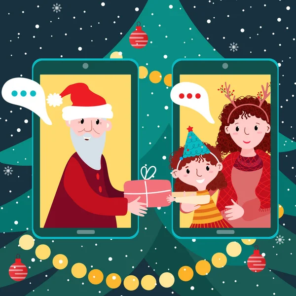Le père Noël appelle une gamine au téléphone. Coffret cadeau de Noël en réunion virtuelle de chat en ligne. Rencontre à distance enfants et grand-père. Distanciation sociale pendant les vacances. — Image vectorielle