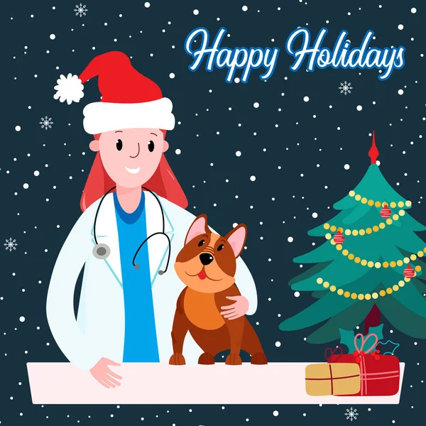 Vet Doctor with dog on New Year greetings card. Veterinarian in Santa hat celebrate Christmas. Happy Holidays banner for a congratulation clients and friends. Female in uniform, puppy with gifts.