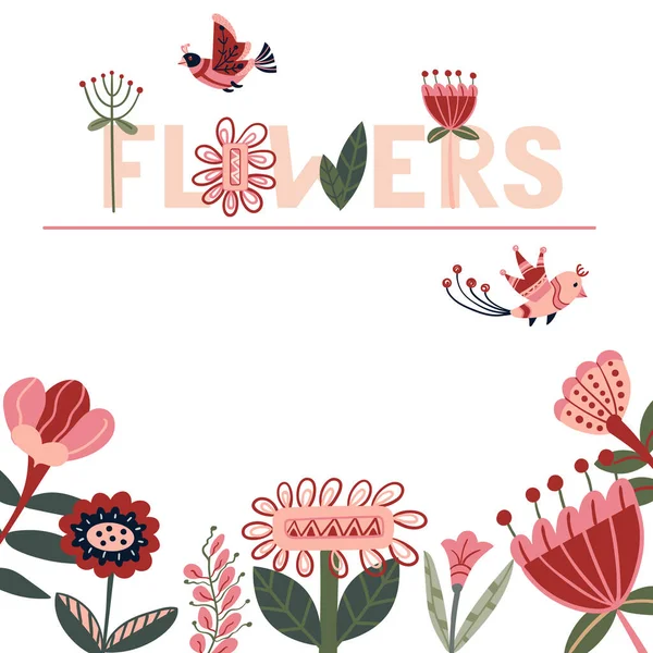 Geometric text Flowers for greeting card or wedding invitation. Abstract botanic flyer design with floral and birds. Template for spring, summer party. — Stock Vector