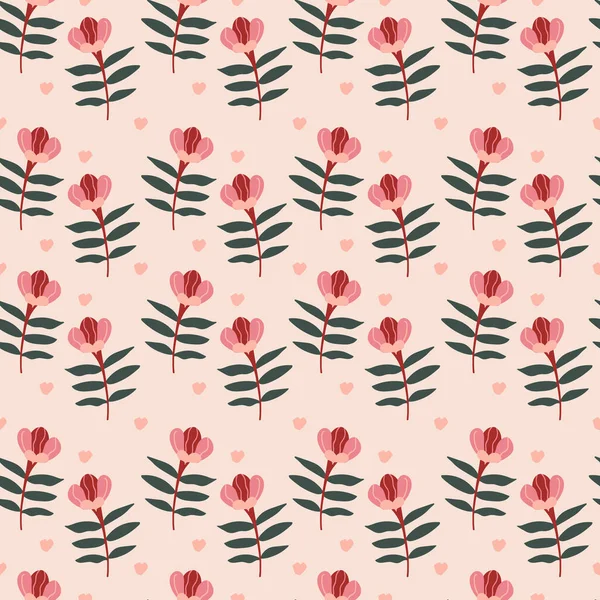 Padrão de primavera com coração para o Dia das Mães, Aniversário. Sem emenda com Geometric Floral para cartão romântico Valentim saudação. Impressão rosa com flores para casamento papel de parede, banner. — Vetor de Stock