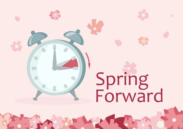 春に進む時計。昼間の時間を節約するための進歩。目覚まし時計夏時間、 1時間の変更に移動します。. — ストックベクタ