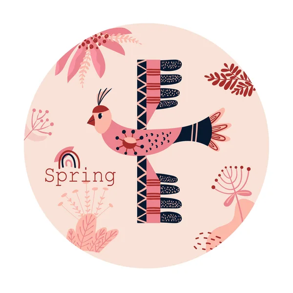 幾何学的な鳥のステッカー。春ピンク色の葉、花を持つラウンドラベル。抽象的な装飾的な花の要素を持つバッジ。招待状、カードのシーズン要素. — ストックベクタ