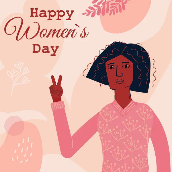 Mulheres Afro-Americanas no cartão de primavera. Happy Womens Day texto, com o jovem Feminino para a igualdade e liberdade. Dia Internacional da Mulher, 8 de março. — Vetor de Stock