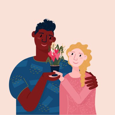 Kalp çiçekleri olan romantik bir çift. Flört ederken sarılan Afro-Amerikalı ve Avrupalı bir kadının portresi. Sevgililer Günü tebrik kartı ve sıcacık sarılma..