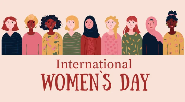 8 Mart için Uluslararası Kadınlar Günü kartı. Farklı milletlerden mutlu genç bir bayan, Afro-Amerikan, Avrupalı. Çokuluslu Kadın Güçlendirme, Özgürlük Hareketi. Kart ve afiş için resim
