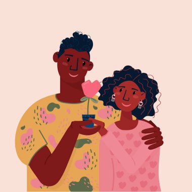 Afro-Amerikalı bir adam bir kadını kucaklar ve ona bir kalp verir. Bir kız ve erkek arkadaşı buluşmada sarılırlar. Sevgililer Günü için romantik tebrik kartı. Birbirine aşık bir çiftin portresi