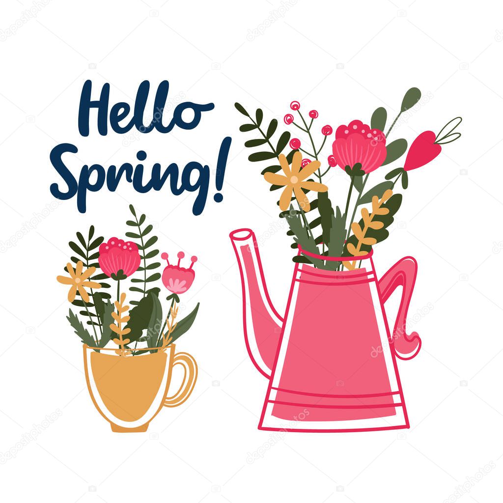 Hello Spring quote. Floral composition are in Teapot and cup. Kitchenware with flowers bouquet.