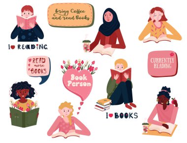 Okuma yazma bilen genç kadınlar. Bir grup kız öğrenci sınava hazırlanıyor. Çok uluslu insanlar kitap severler. Uzaktan öğrenme ve kendini eğitme kavramı. Kitaplı Kız Okuyucuların Çıkartmaları.