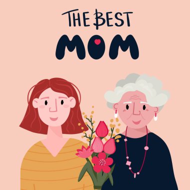 Anneler Günün kutlu olsun. Genç beyaz kadın ve yaşlı kadın lalelerle birlikte. Kızı, anneyi doğum günüyle kutluyor. En iyi anne yazısı. Torunum büyükanneme bir buket çiçek getirdi..
