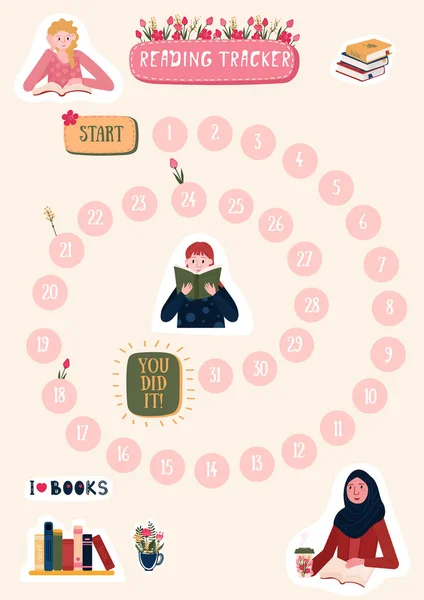 Habits Tracker para leer libros con pegatinas de chicas. Planificador diario para leer libros en un mes. Horario para niños y estudiantes. Rutina imprimible para todos los días. — Archivo Imágenes Vectoriales