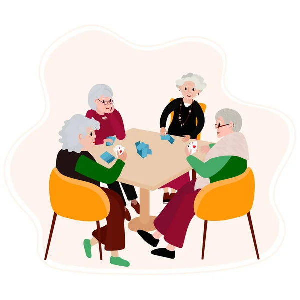 Vecchia seduta in poltrona e giocare a carte con gli amici. Gioco da tavolo femminile senior nella casa di riposo. Le persone anziane hanno attività divertente tempo insieme. Gruppo di giocatori adulti seduti sul tavolo. — Vettoriale Stock