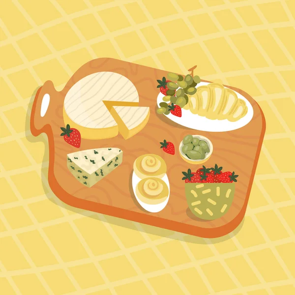 Wooden board with food at picnic. Cheese Brie, Dor Blue with Olives, Croissant for Breakfast. Strawberry, rolls with cinnamon in summer party. — Stock Vector