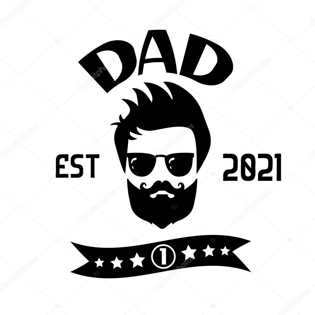 Dad est label. Quote for Happy Fathers day on ribbon. Hipster man with beard, mustache and glasses. Vintage logo with daddy face. Holiday poster with typography sign