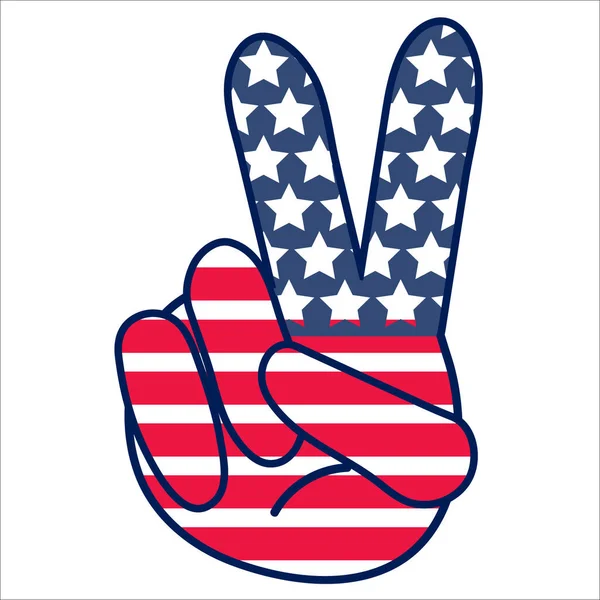 Hand Peace sign symbol. America Victory finger. Patriotic emblem with American flag. 4th of July illustration. Red Stripes, Blue, White Stars for Independence day — Stock Vector