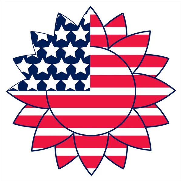 Sonnenblume mit amerikanischer Flagge. Patriotisches Emblem für den 4. Juli Rote Streifen, blaue, weiße Sterne zum Unabhängigkeitstag. — Stockvektor