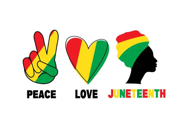 Frieden, Liebe, Juni. Silhouette einer schwarzen afroamerikanischen Frau. Herz und Finger mit Flaggenfarbe. Tag der Freiheit und Emanzipation. — Stockvektor