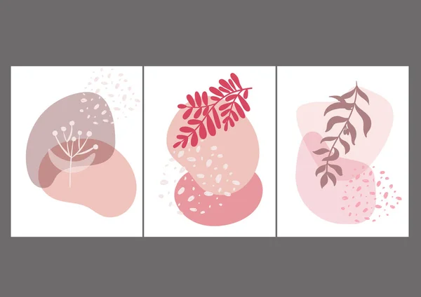 Minimal boho design with shapes and leaves. Abstract background in pink color and leaf. Triptych poster for wall decor. Minimalistic template for social media with plant.
