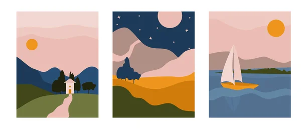 Triptych abstract boho Landscape with house, Mountain. Aesthetic Minimal nature European background with sun, sky, trees. Poster with Sailboat, moon. Printable Silhouette for decor wall in room. Gráficos De Vetores