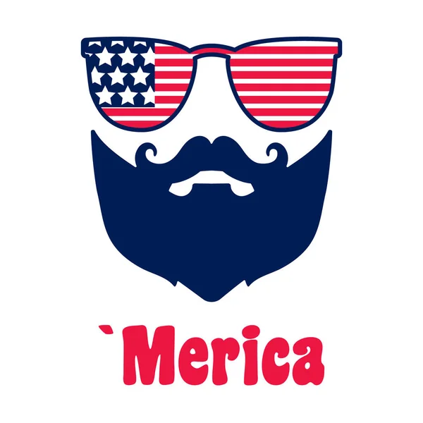 4 de julio, Hombre con bigote, barba. Rostro de hombre barbudo en gafas con bandera americana para el Día de la Independencia. Hipster patriótico para el 4 de julio. — Vector de stock