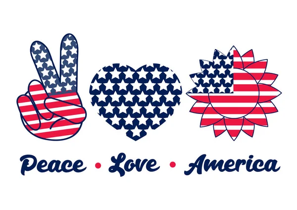 America Peace Love, signo patriótico. Bandera americana en diseño Girasol. Símbolo hippie, victoria de dedos. 4 de julio, banner de fiesta del día de la independencia. — Vector de stock