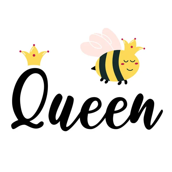 Queen Bee with cute crown. Kawaii Buzz honeybee. Bumblebee in cartoon style. Yellow insect with wings for baby design. Happy bug for kids invitation. Quote for t-shirt — Stock Vector