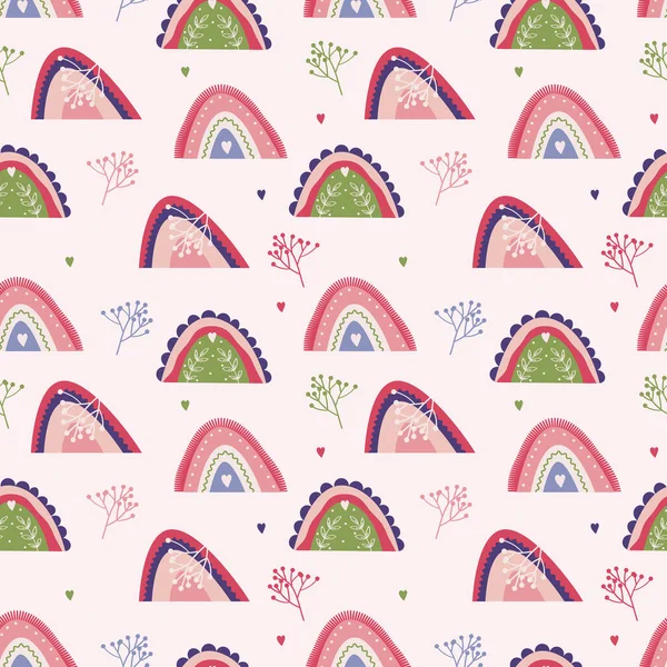 Sans couture avec Abstract Rainbow. Pépinière motif multicolore en rose, couleurs vertes. Ornement géométrique pour textile, papier peint. Conception enfantine pour impression. — Image vectorielle