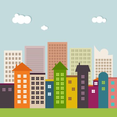 Renkli binalar ve Skylines ile modern şehir kavramı. Beyaz Arkaplan.