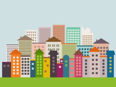 Renkli Evleri ve Skylines 'ı olan modern şehir. Sağlıklı Yaşam Konsepti