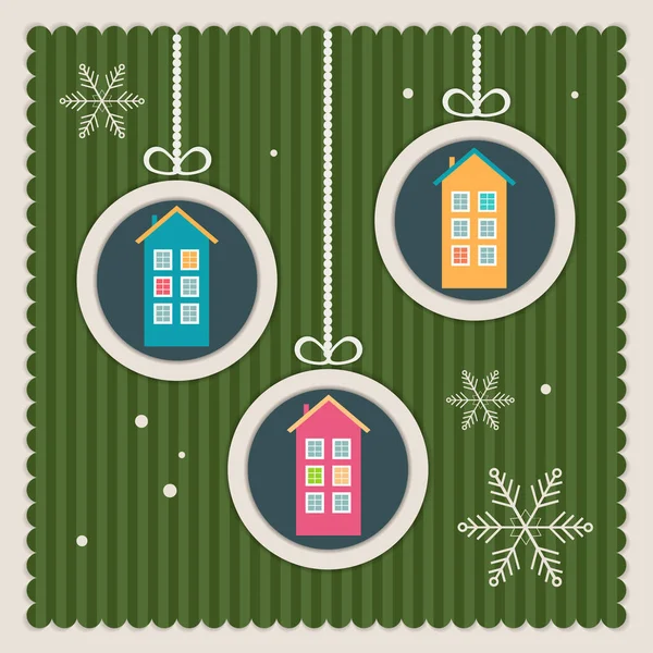 Cartão Natal Imóveis Com Casas Coloridas Flocos Neve —  Vetores de Stock