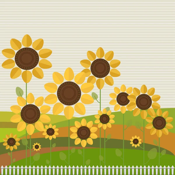 Abstrakte Sonnenblumen Mit Bunten Feldern Und Weißem Zaun — Stockvektor