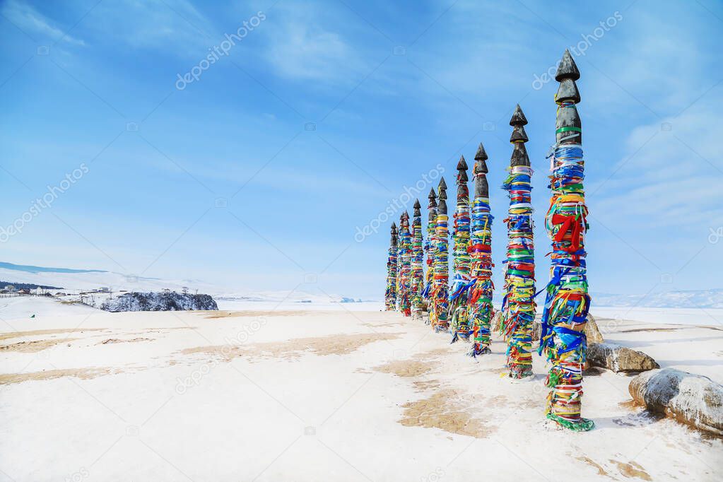 Ritual Buryat pillars on cape Shamanka, Olkhon Island in Lake Baikal