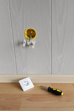 Yerlere soket ve tornavida monte etmek için kablolarla döşenmiş bir duvar. Evde elektrik tamir ve montaj, dikey biçim