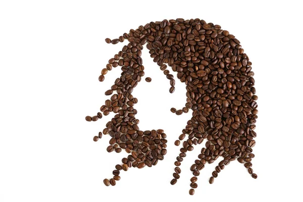 Profil Silhouette Einer Frau Aus Gerösteten Kaffeebohnen Isoliert Auf Weißem — Stockfoto