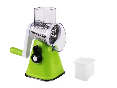 Sebzeler için mekanik rende dilimleyici, beyaz arka planda izole edilmiş.