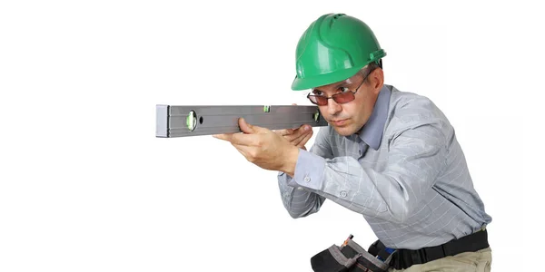 Builder Carefully Looks Line Measurement Level Copy Space Text Isolated — Stock Photo, Image