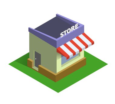 Düz izometrik mağaza logosuna çizgi alışveriş ve e-ticaret kavramı web piyasa