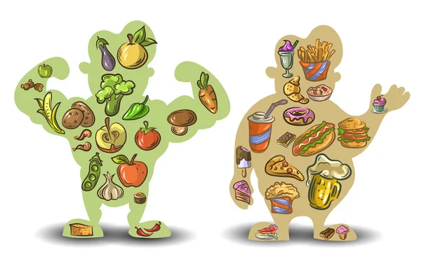 Humano, delgado, gordo. Nutrición, dieta, comida sobre fondo blanco. Vector — Vector de stock