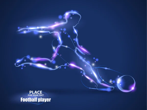 Σχεδιασμός κίνηση. Παίκτης ποδοσφαίρου, κλωτσιά την μπάλα. Θαμπάδα και το φως. απομονώνονται σε μαύρο φόντο. Vector εικονογράφηση — Διανυσματικό Αρχείο