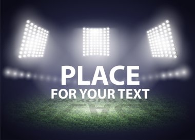 Stadyum ışıkları. Bir futbol sahası üzerinde üç projektör. Vektör çizim.