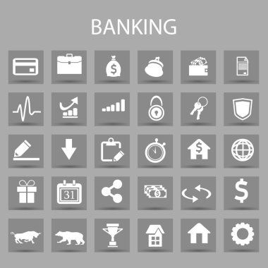 Vektör düz simgeler kümesi ve grafiksel tasarım elemanları. Bankacılık, finans anahat sembolleri ile illüstrasyon.