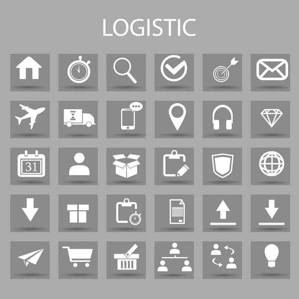 Conjunto de iconos planos vectoriales y elementos de diseño gráfico. Ilustración con Logística, negocio de entrega, símbolos de esquema de distribución . — Vector de stock