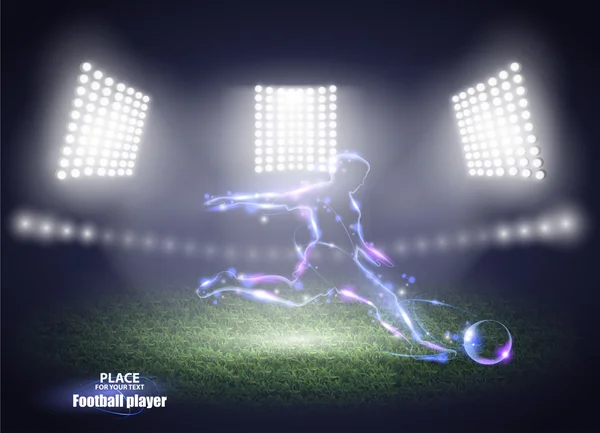 Τα φώτα του γηπέδου. Σχεδιασμός κίνηση. Παίκτης ποδοσφαίρου, κλωτσιά την μπάλα. Εικονογράφηση διάνυσμα. — Διανυσματικό Αρχείο