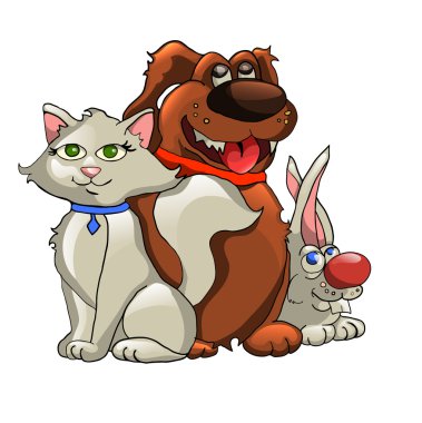 kedi, köpek, beyaz arka plan üzerinde izole tavşan. vektör çizim